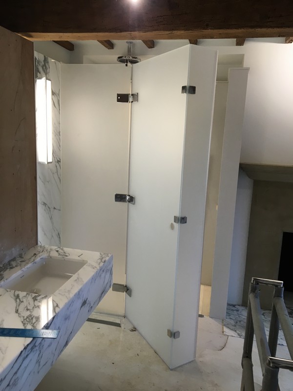 Bespoke frosted glass shower enclosure in Kilburn luxury bathroom